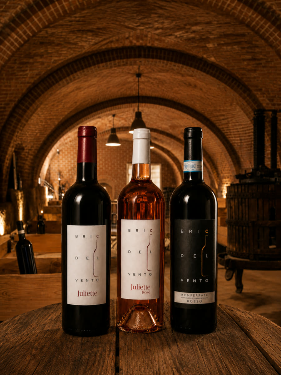 Bric del Vento wine bottles in the cellar