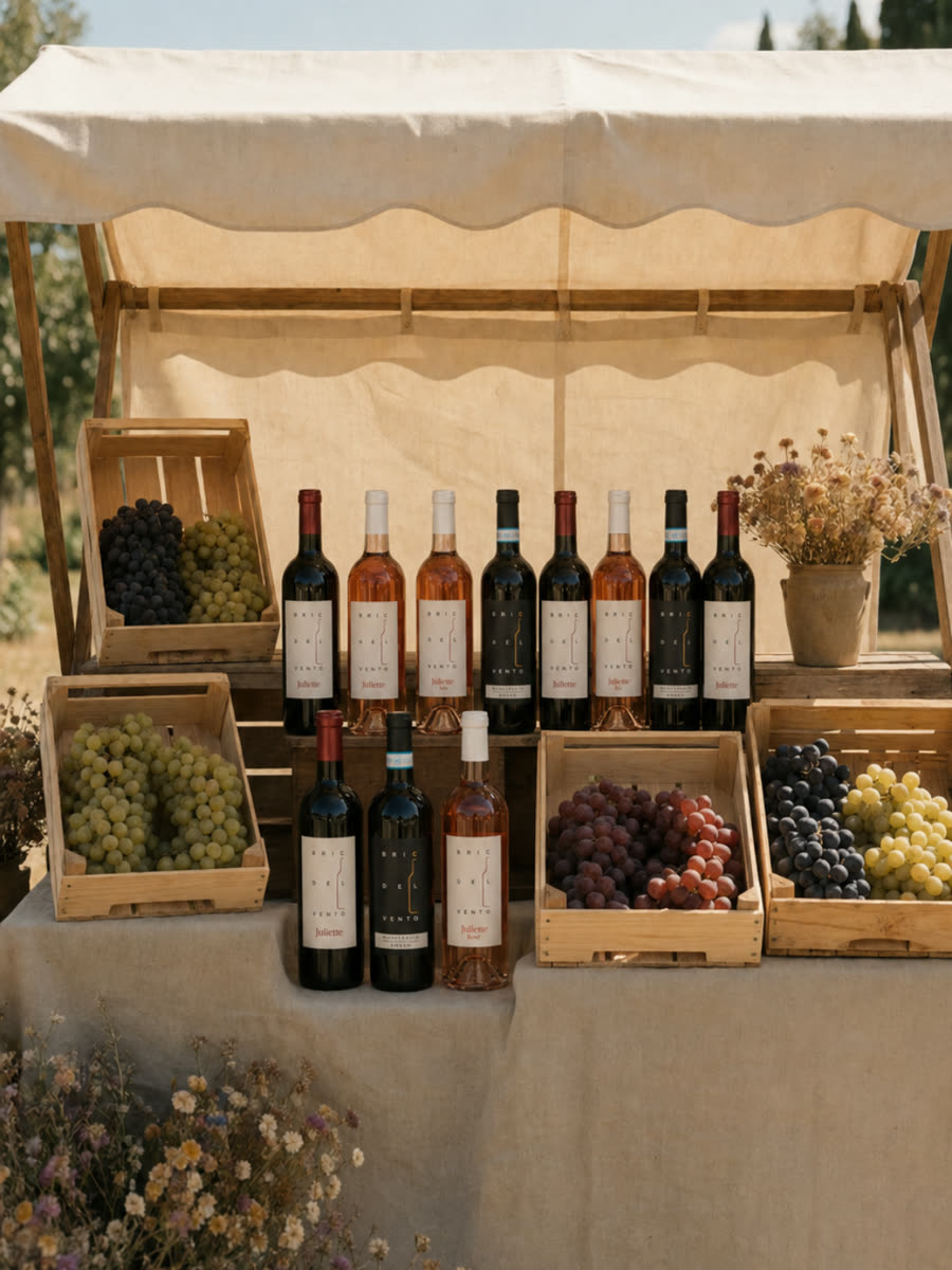 Bric del Vento wines displayed with fresh grapes